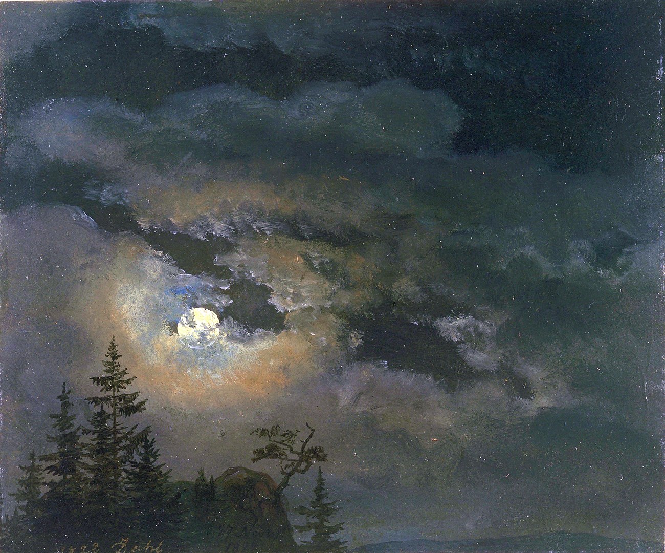 A moonlit sky breaks the clouds to highlight the image of a few trees in the left of the image.