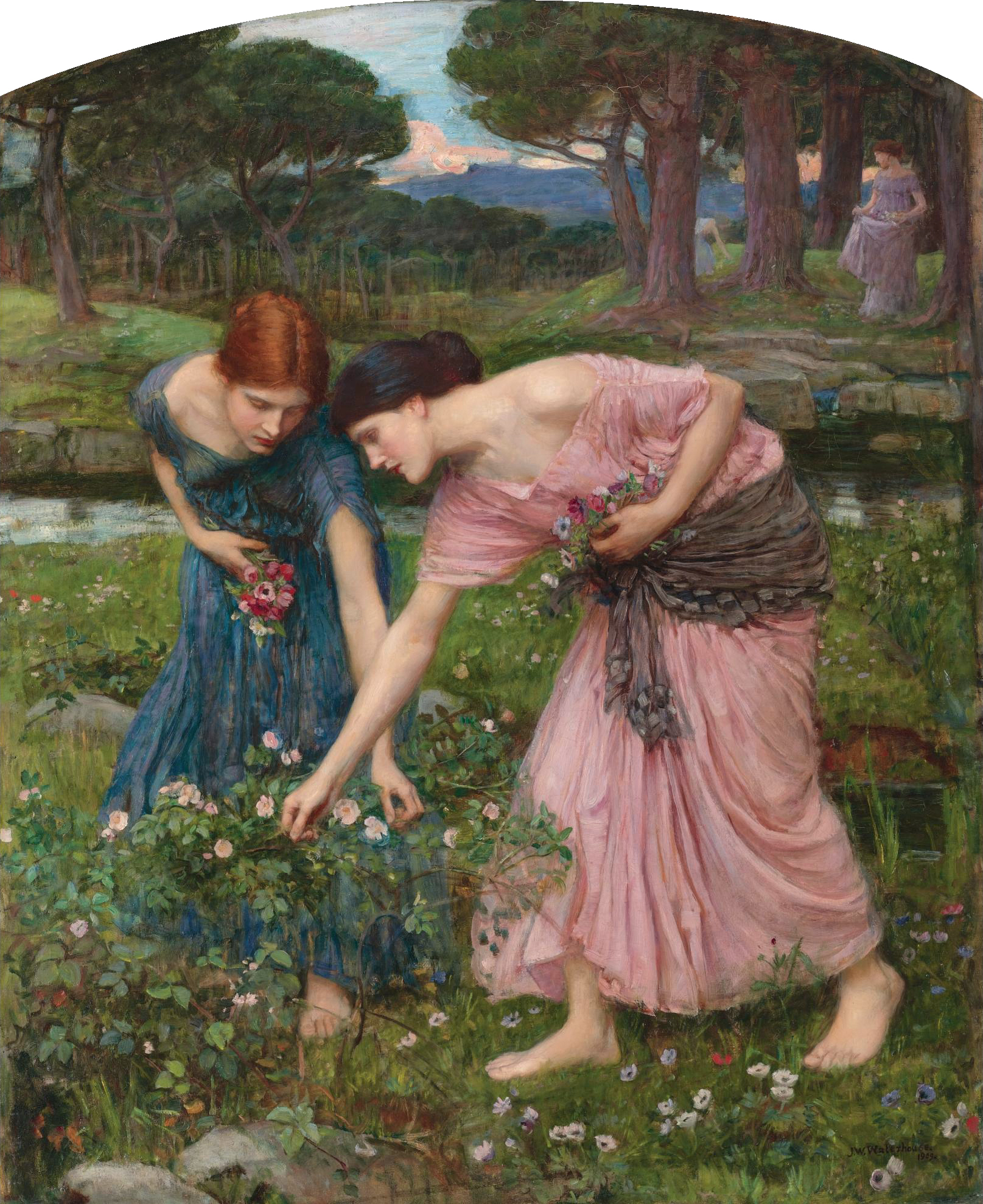 Two women picking flowers in a meadow with two others in the distance
