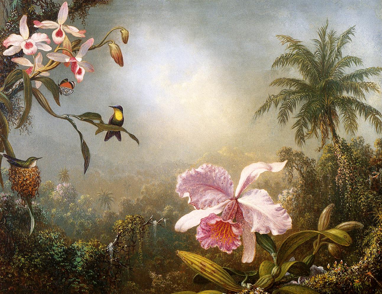 A vibrant scene illustrates birds, butterflies and flowers against a sunny sky.