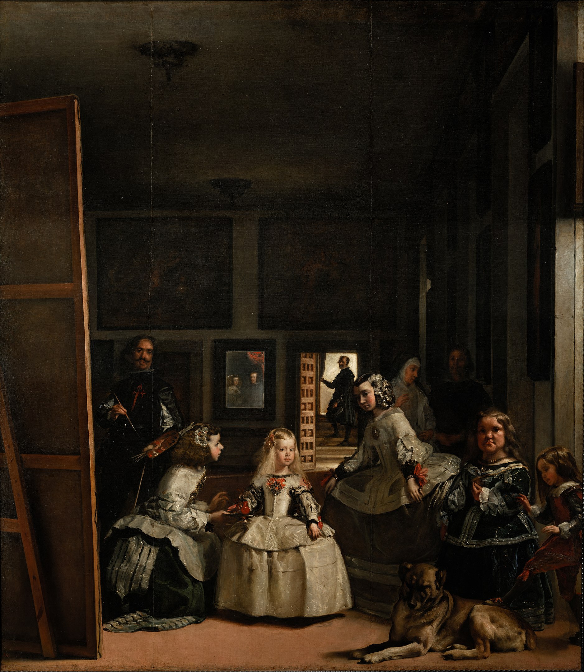 A darkened room of shadows lights up the group of individuals in the middle foreground of the painting.