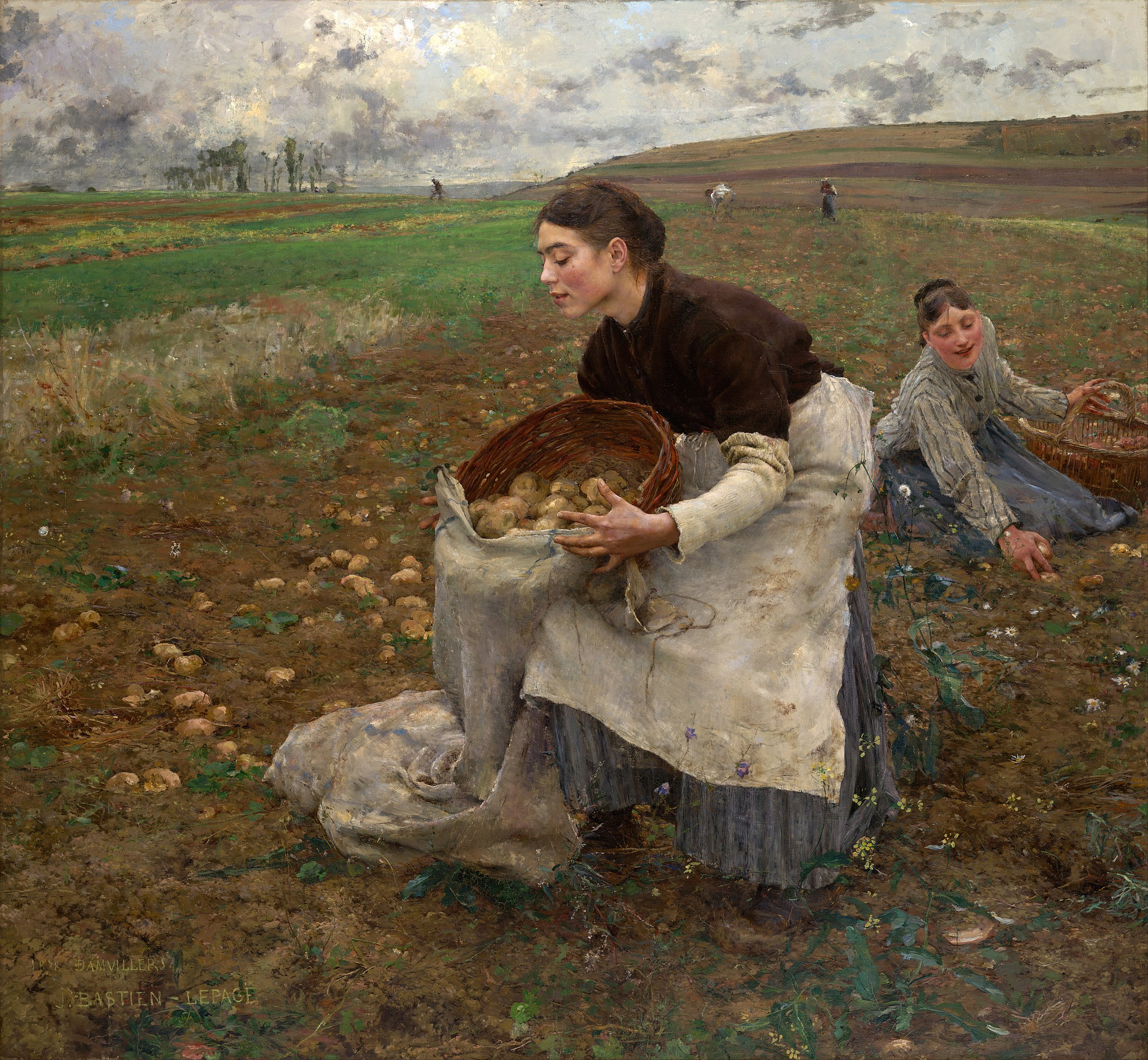 Two women harvest potatoes in a field under a cloudy sky.