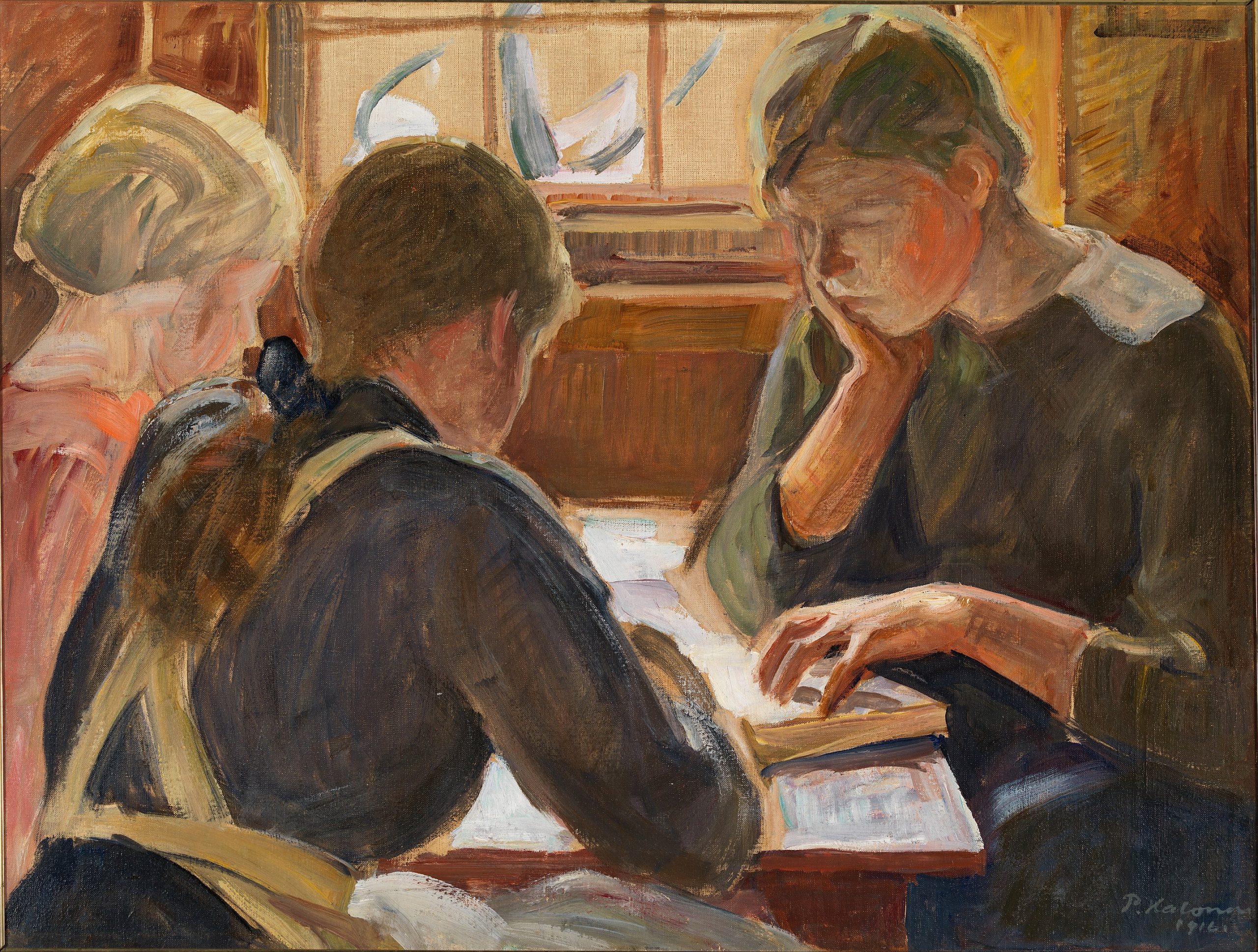 Three children reading books on a table by a window