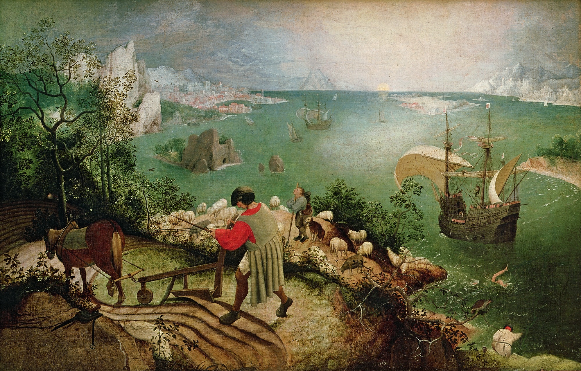 A small figure plunging into the sea while a fisherman, ploughman, and shepherd continue their day's work on the land nearby