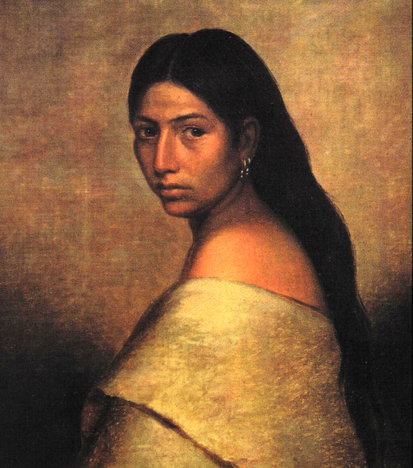 A side profile portrait of a young Choctaw woman with long hair.