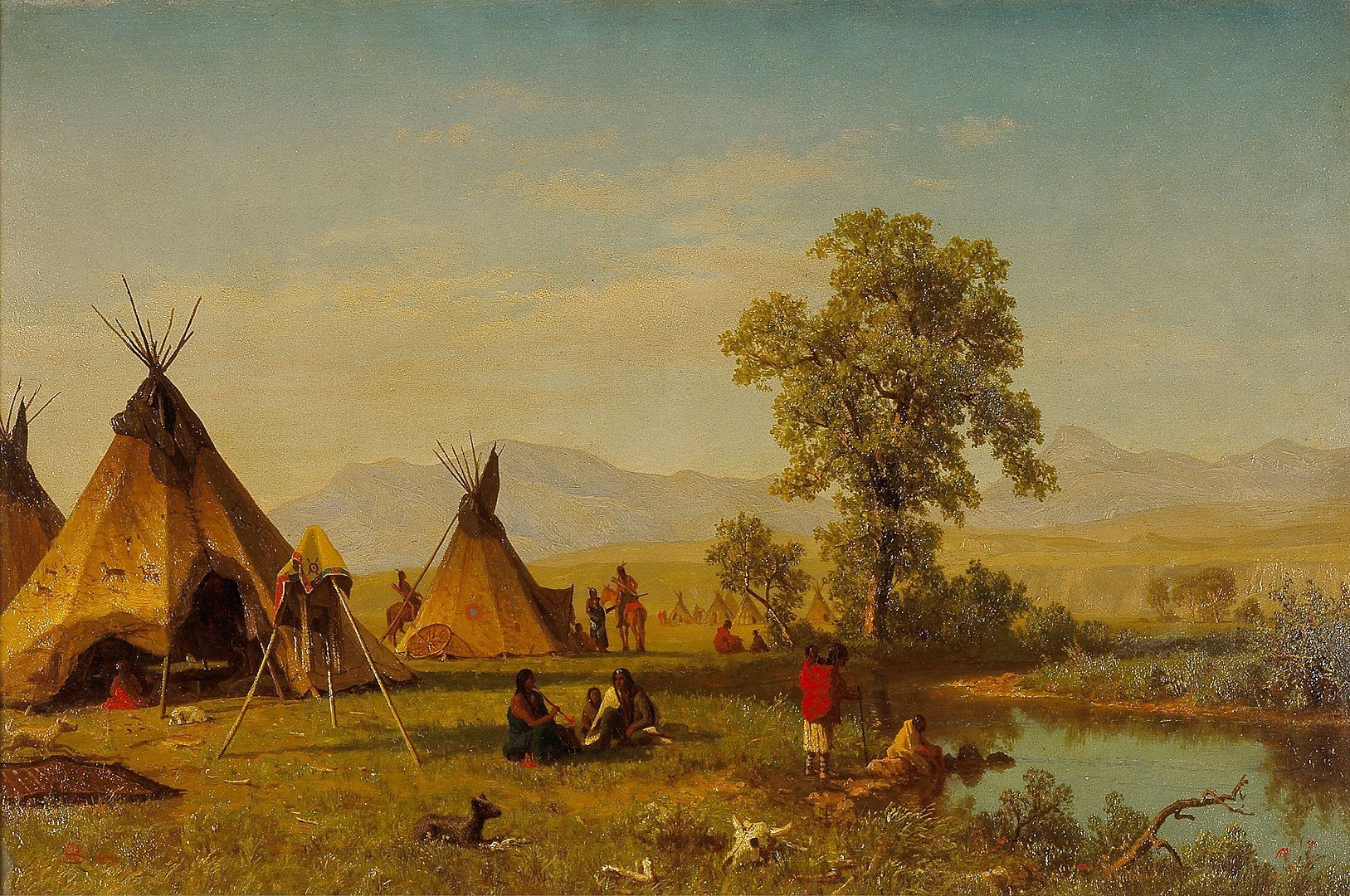A large scene on a flat grassland depicts tipis and communities of people.