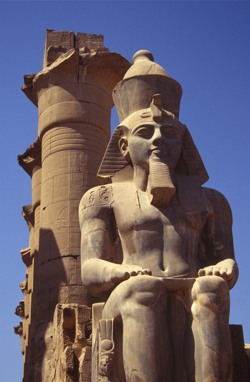 A massive statue of an Egyptian pharaoh