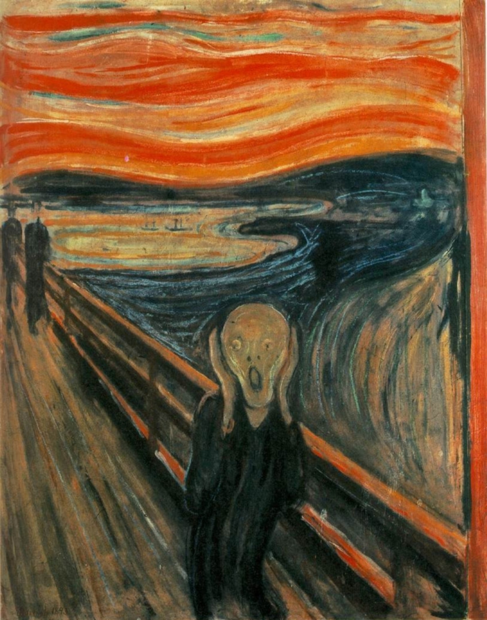 An abstract image of a figure standing on a bridge with their hands holding their head with a face in horror.