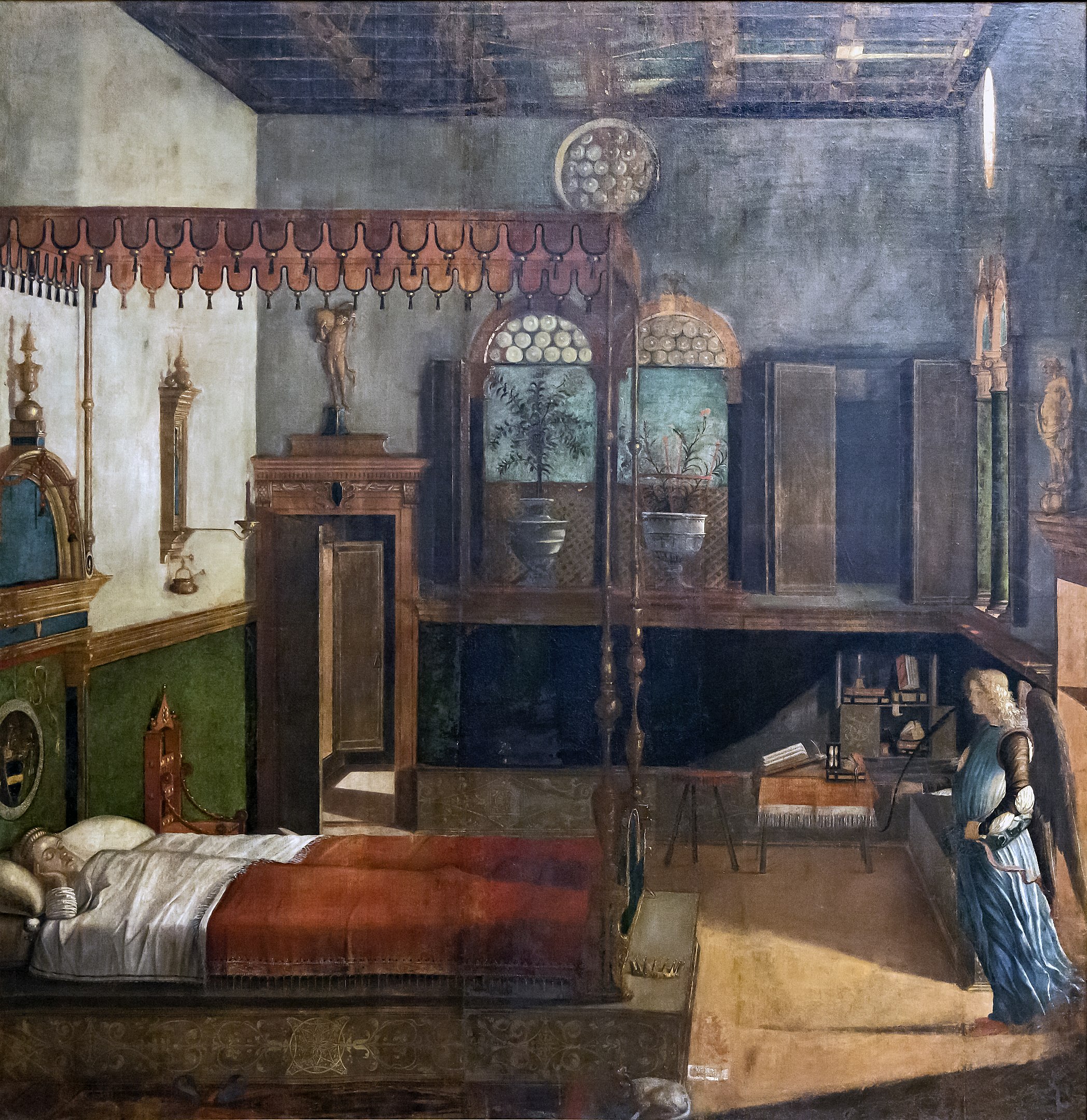 A bedroom where an angel stands before a canopy bed in which a woman sleeps