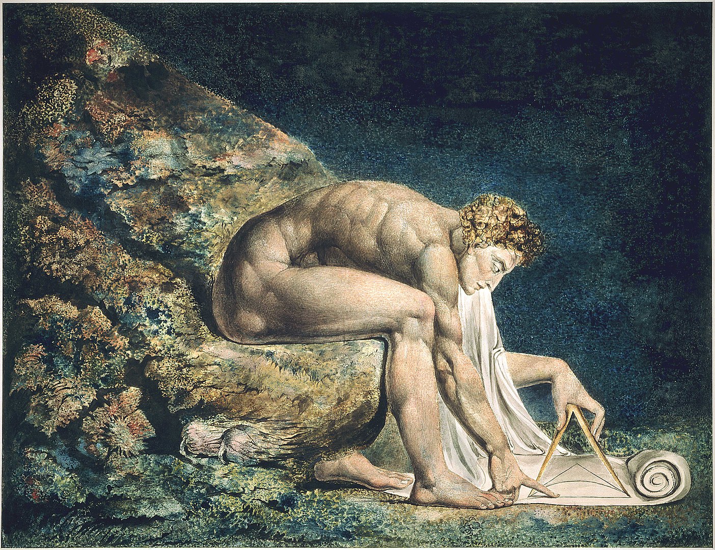 A barefoot man holds an open compass towards the ground on a large piece of paper to draw a measurement.