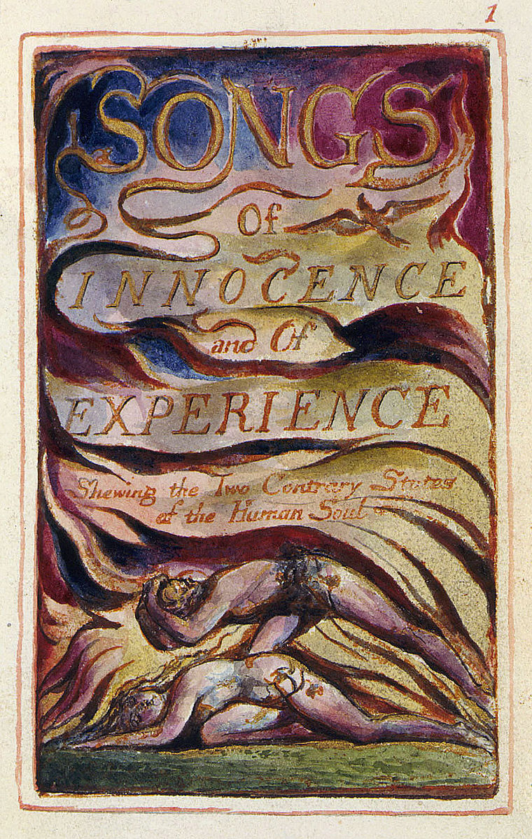 Front cover illustration for William Blake's Songs of Innocence and Experience depicting vibrant colours and two people falling towards the ground on the bottom of the page.