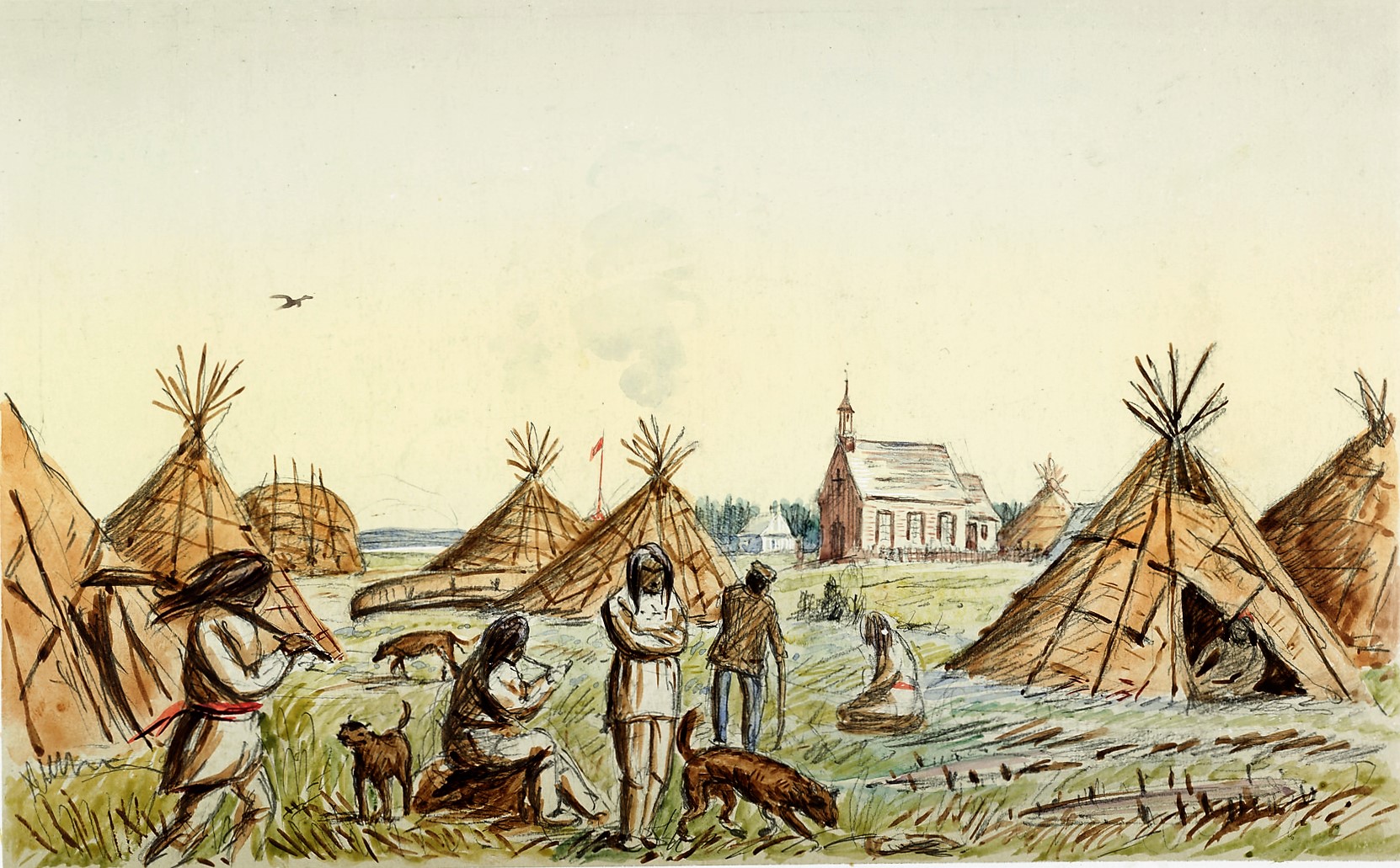 A stylized scene of a grassy field with a church in the far distance and a community of Indigenous peoples in the foreground.