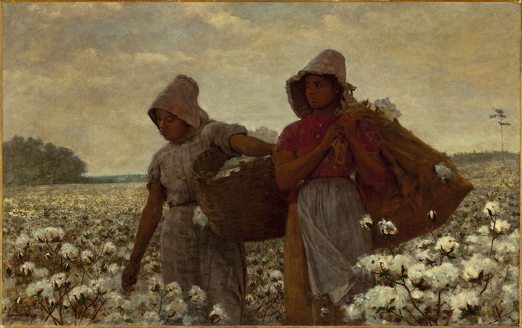 Two young women travel through a field of cotton under a cloudy sky.