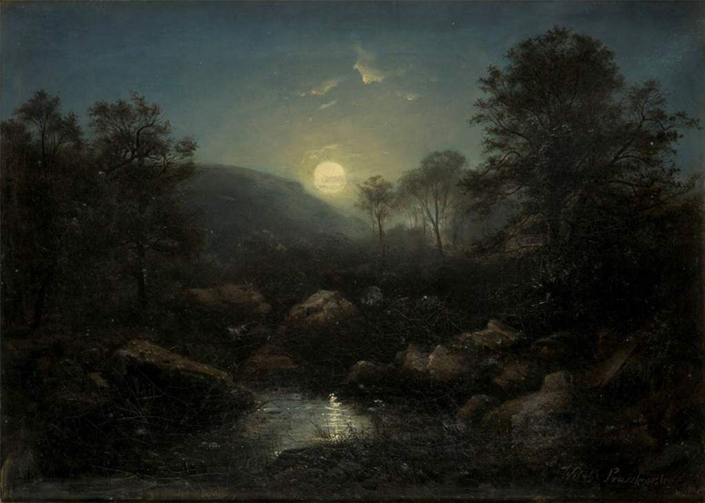 A landscape view of a dark forest with a pond showing reflections of the moon