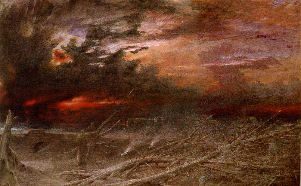 A landscape view of a demolished forest under a fiery sky