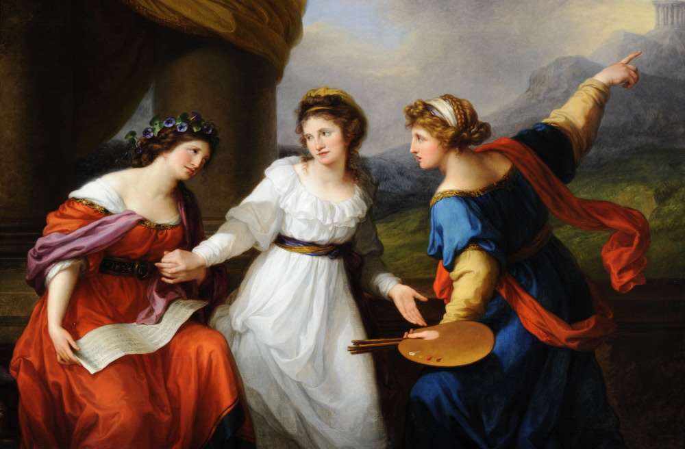 A woman standing between two figures in a classical landscape, one holds a sheet of musical notes and the other, a palette