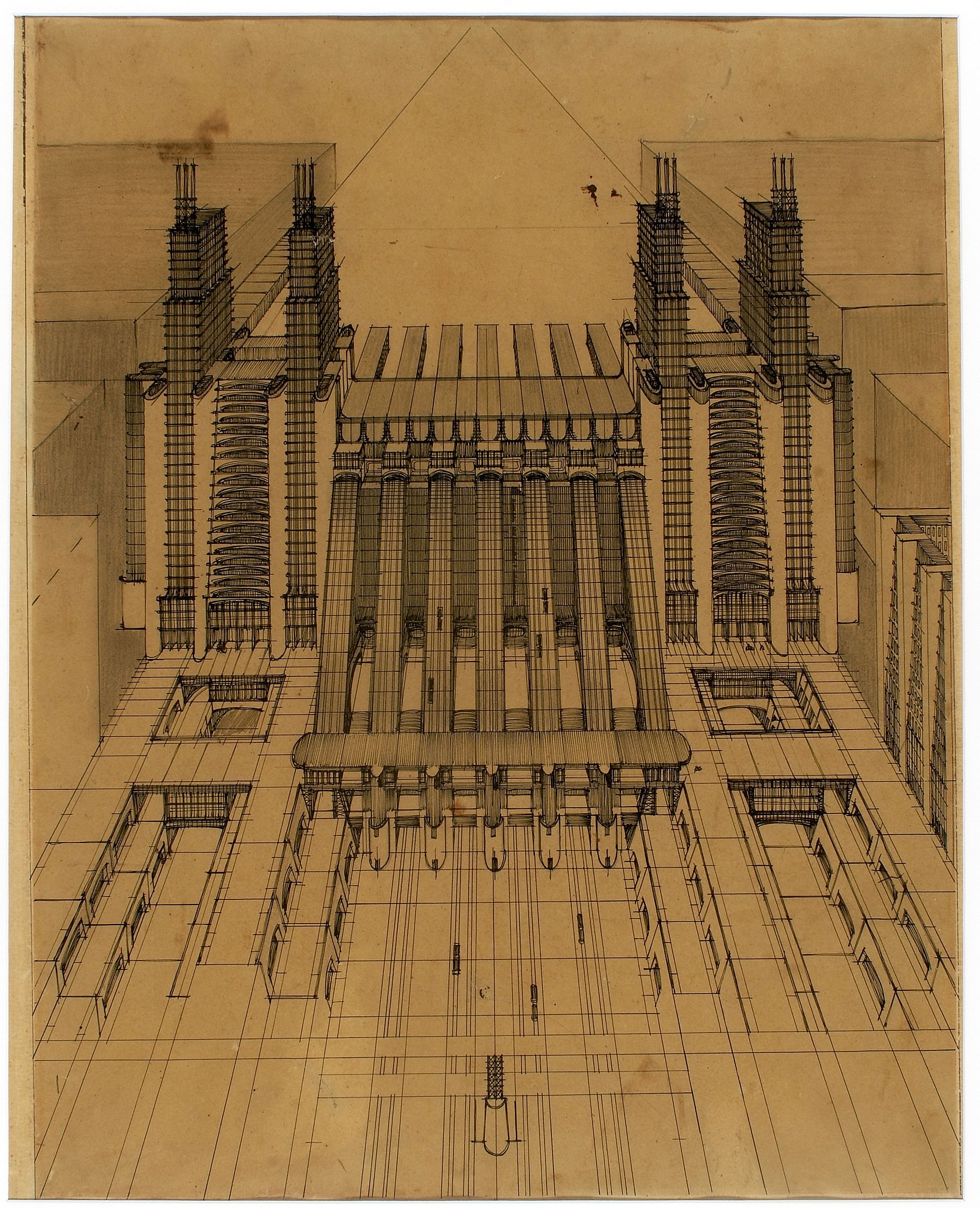 A detailed drawing of a train station from a bird's-eye view