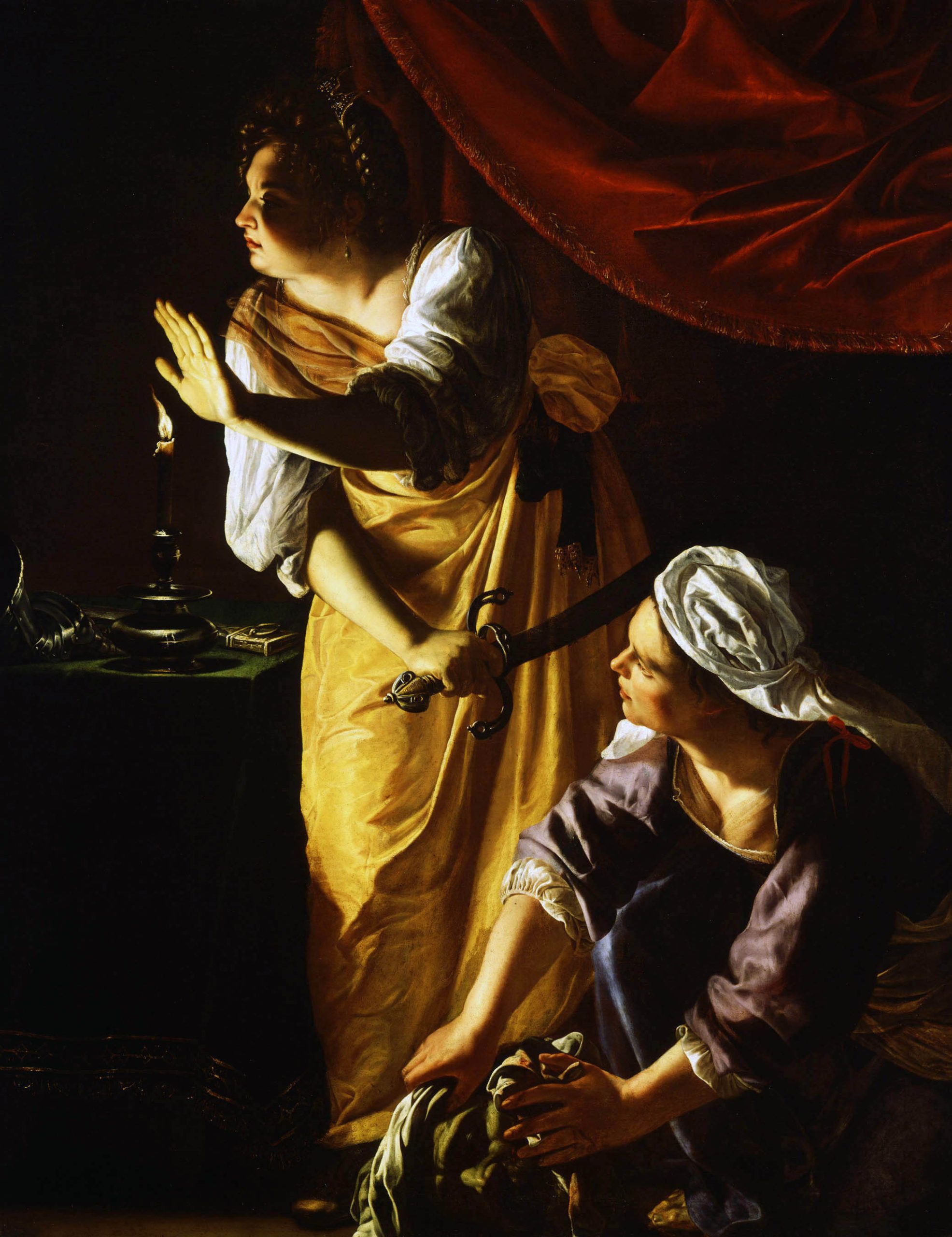 Two women gazing to their right underneath a curtain, one holds a sword and the other, the head of a man