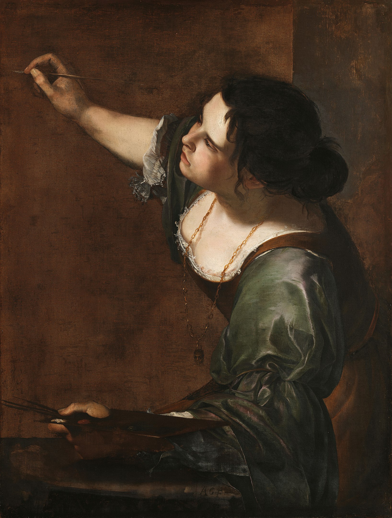 A portrait of a woman immersed in the act of painting