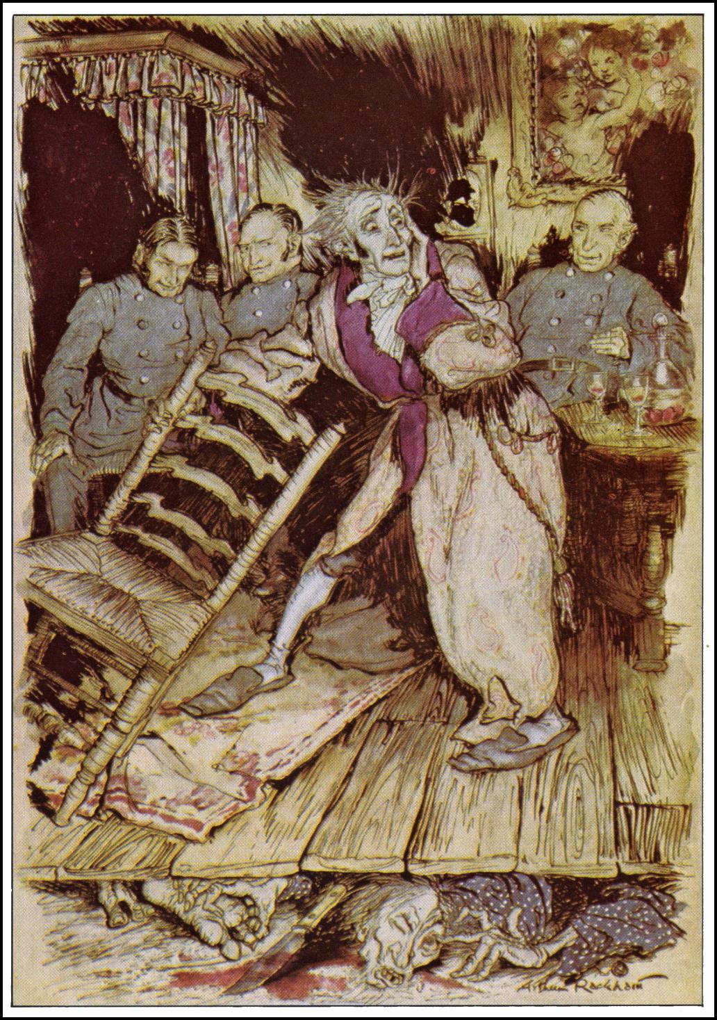 A man holding onto a chair in a room with bodies visibly crushed underneath the floorboards