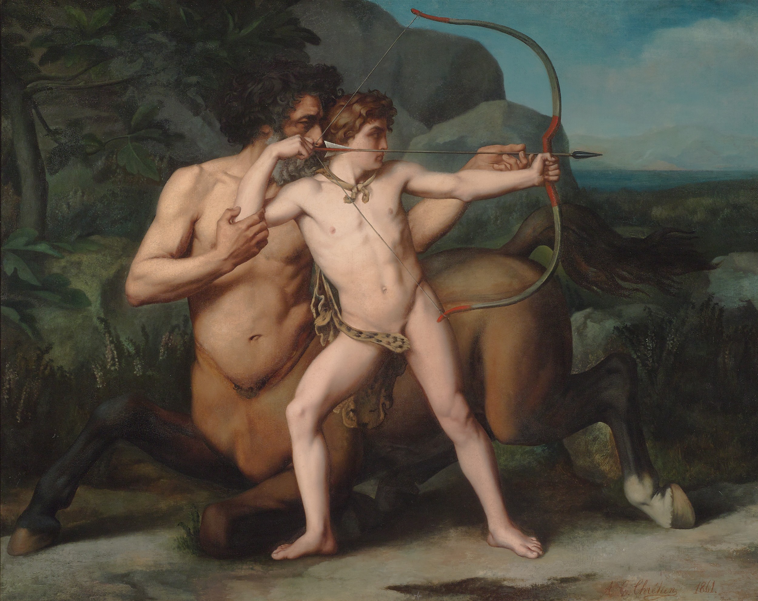 A creature that is half-human and half-horse instructs a nude boy in the art of archery