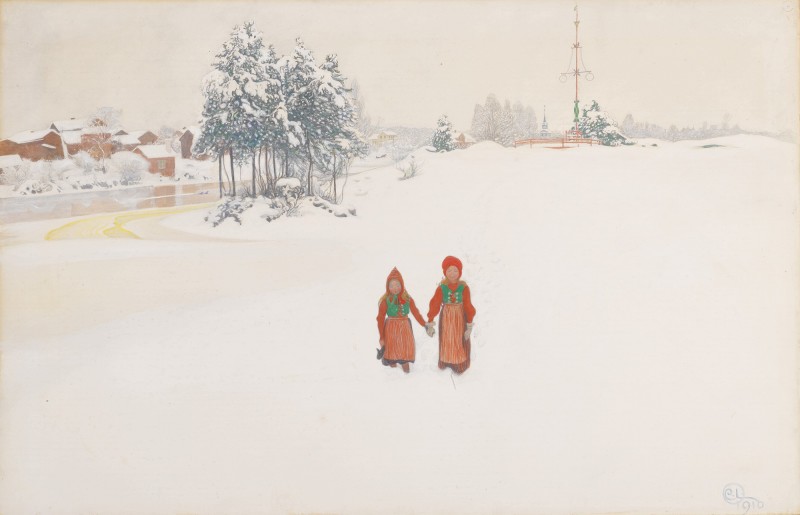 A landscape view of two young girls walking hand-in-hand across a snowy field