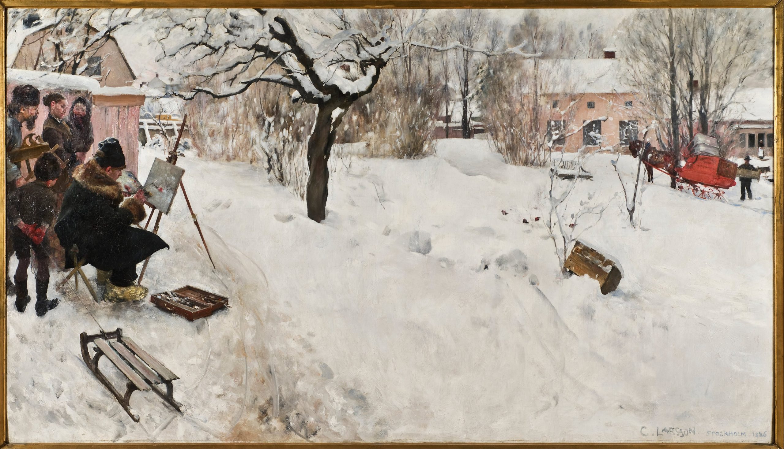 A painter sitting before an easel in the winter paints his view of a neighbourhood street as several gather to watch him from behind