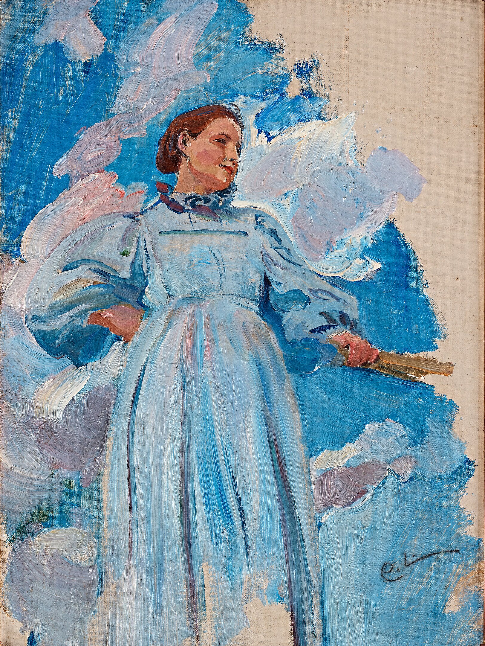 A woman in a dress standing with an abstract depiction of the sky behind her