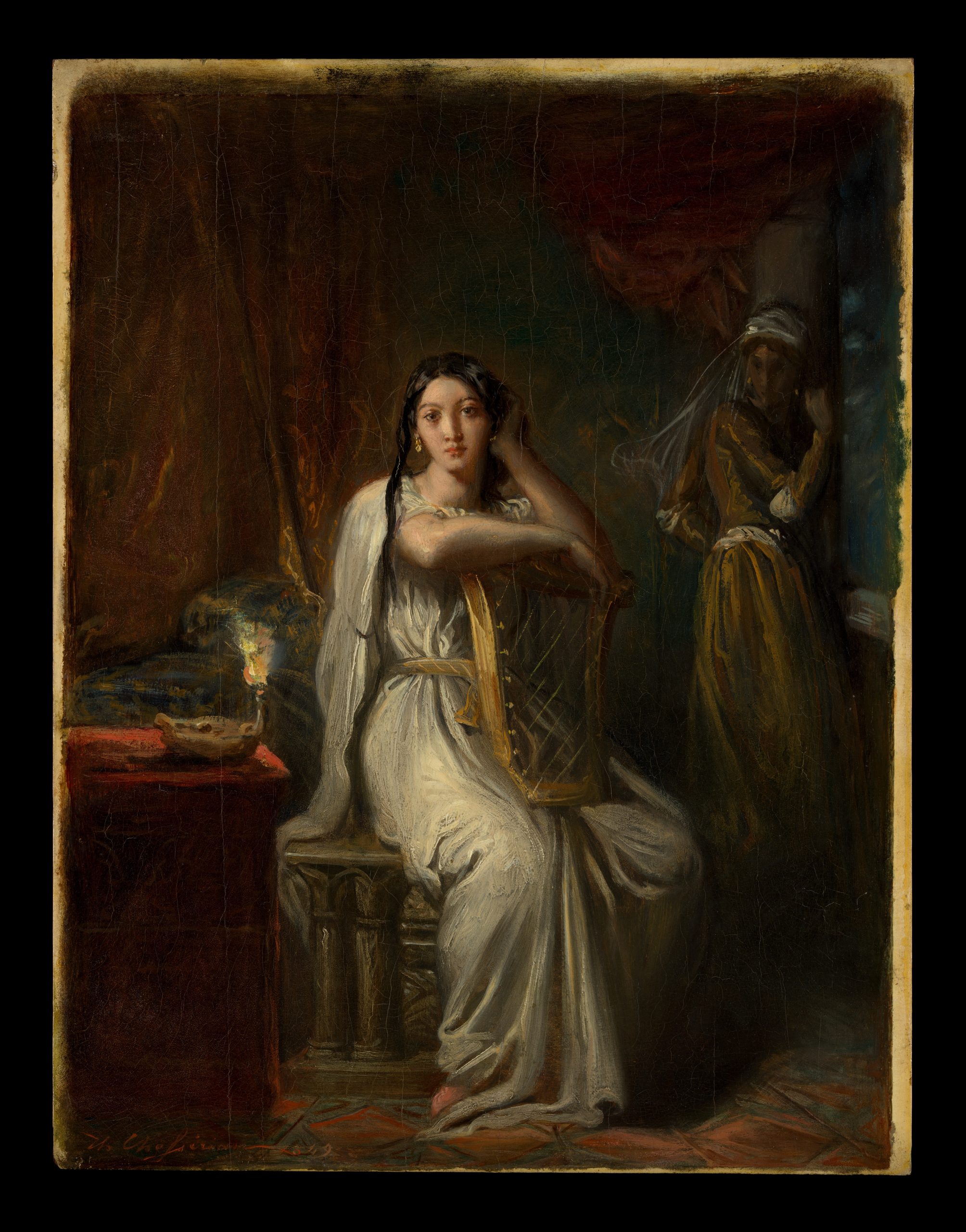 A portrait of a woman sitting down while a figure stands behind her.