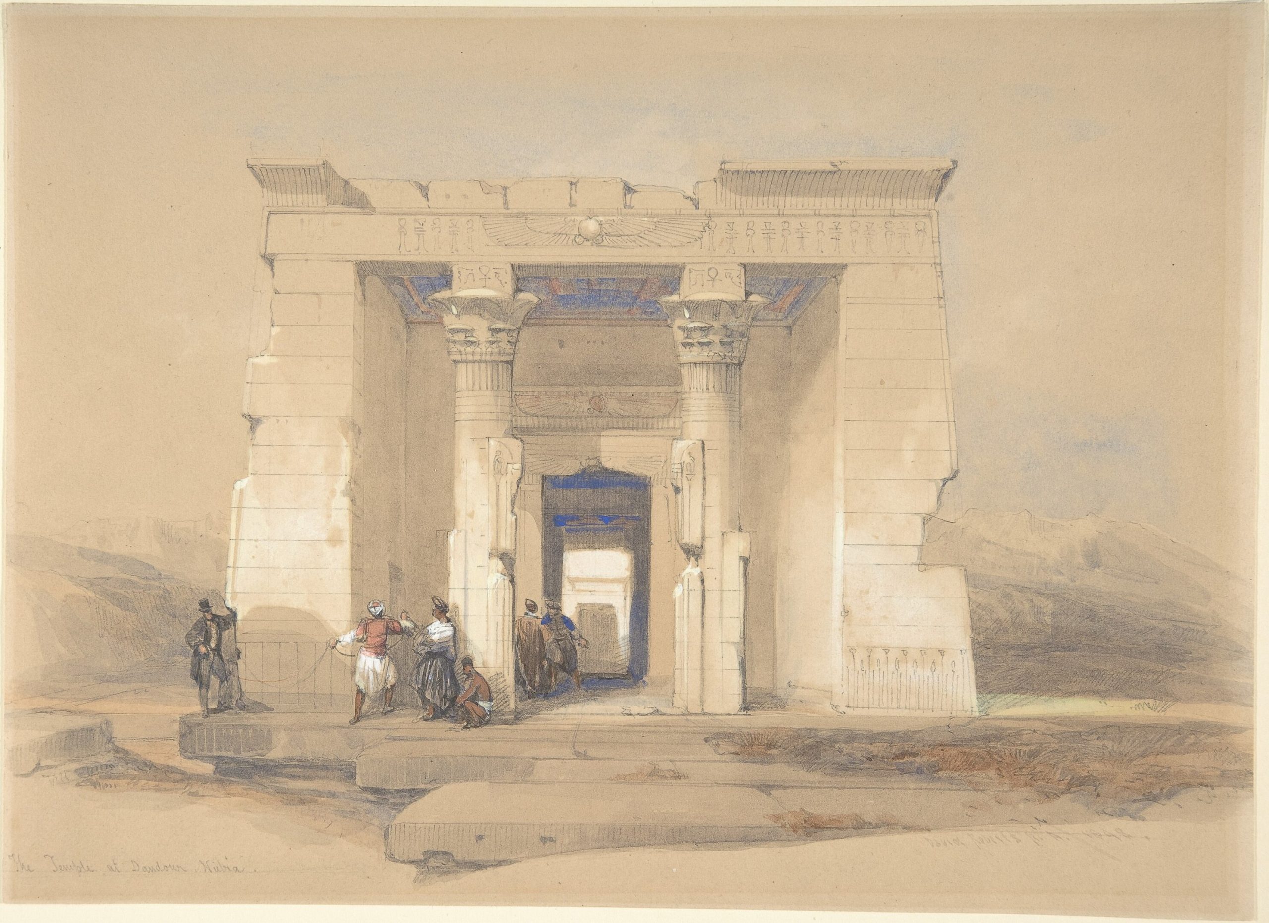 A landscape view of an Egyptian temple in a desert with several explorers gathered around an entrance
