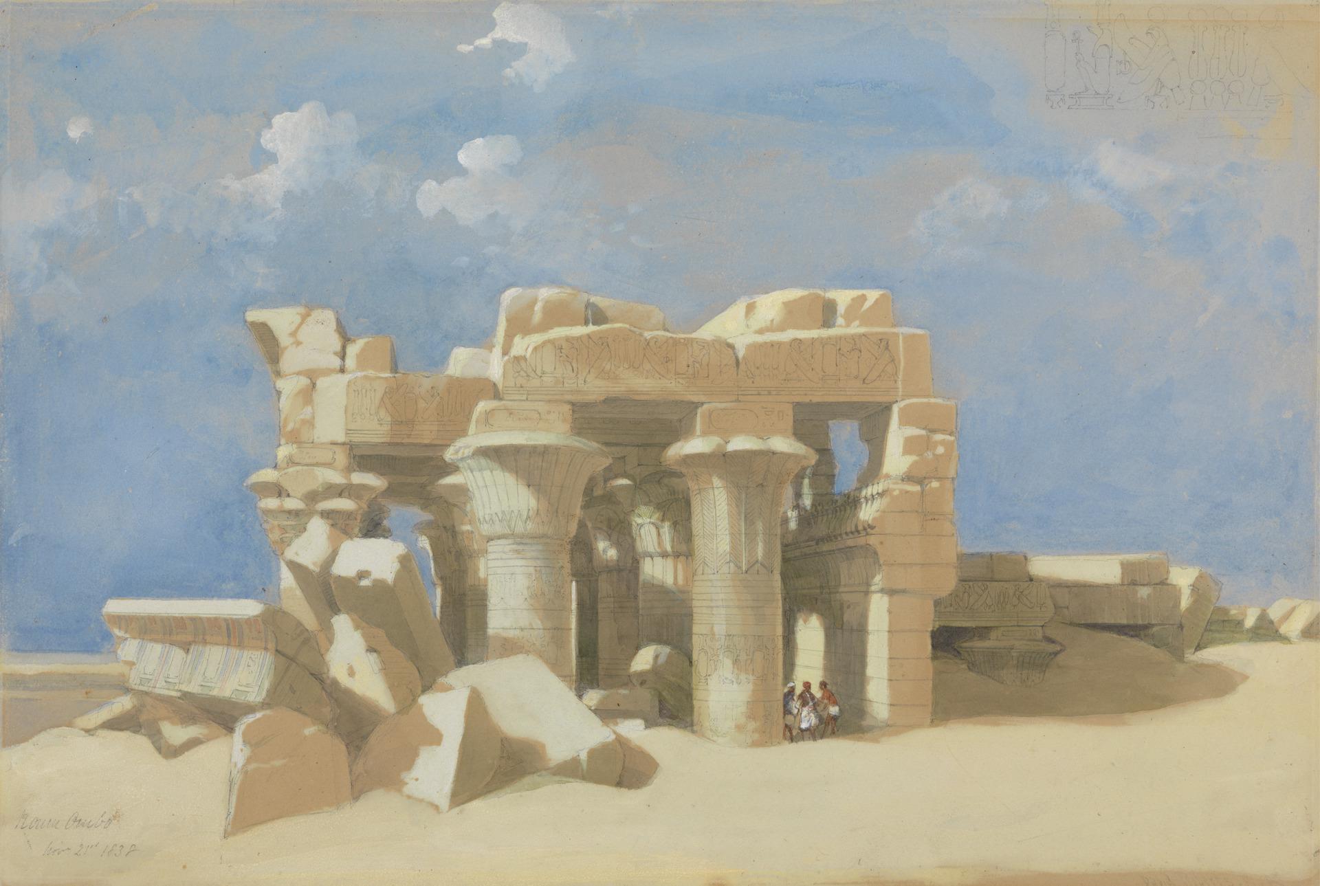 A landscape view of an Egyptian temple in a desert