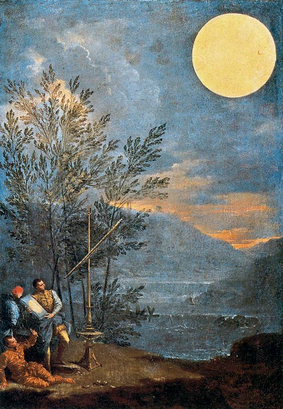 A landscape with a full moon observed by three figures on land