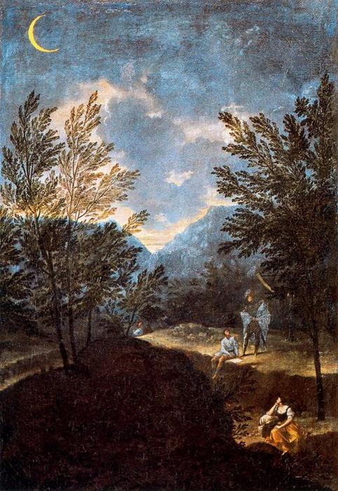 A landscape with a crescent moon in the sky with three figures on the land
