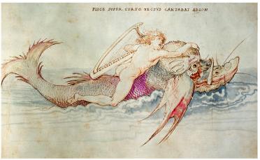 A human figure rides through the water with a fishlike creature.