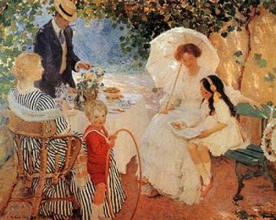 Figures gathered around a picnic area outdoors on a sunny day