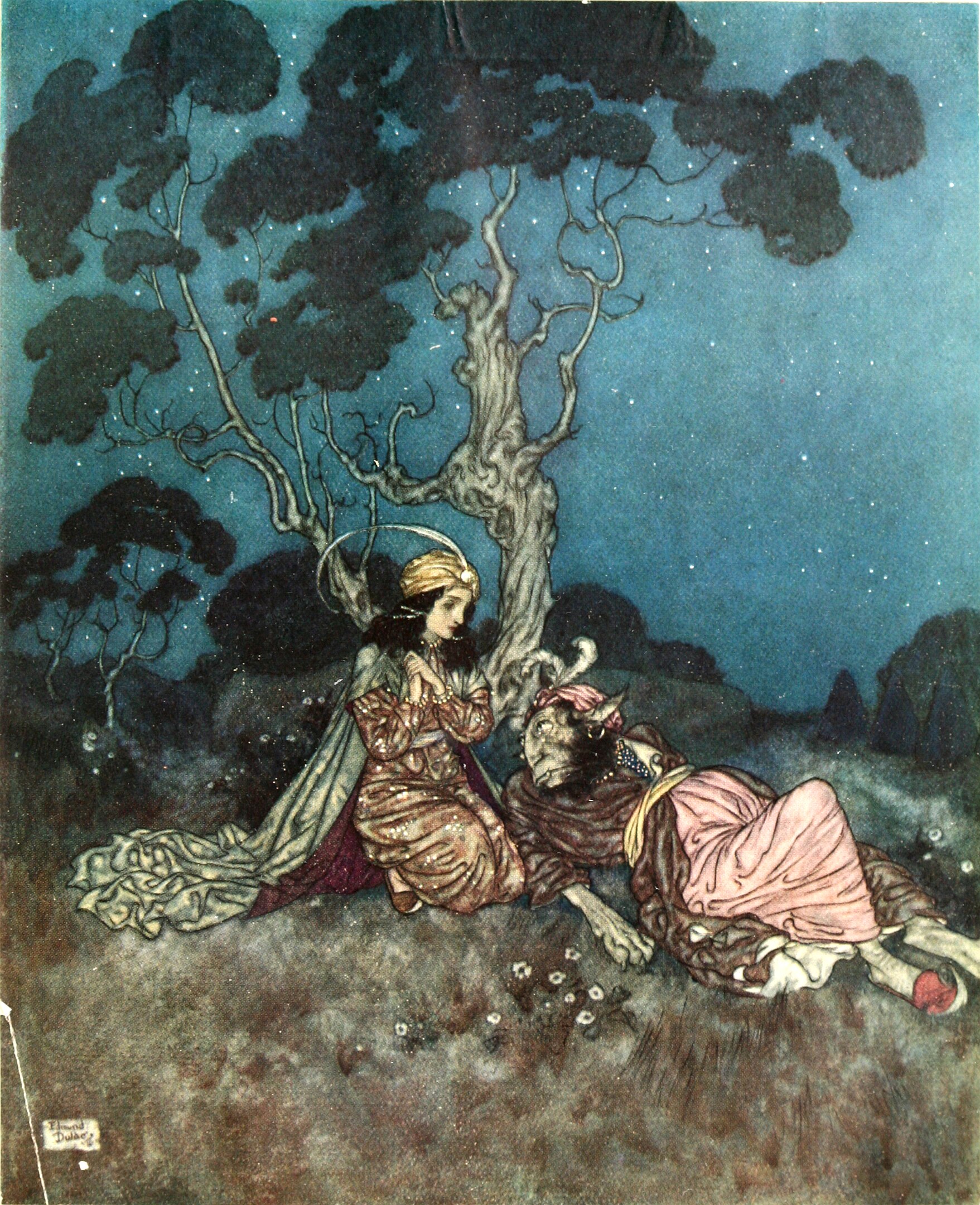 A woman sitting beside a monster-like creature near a tree under the night sky