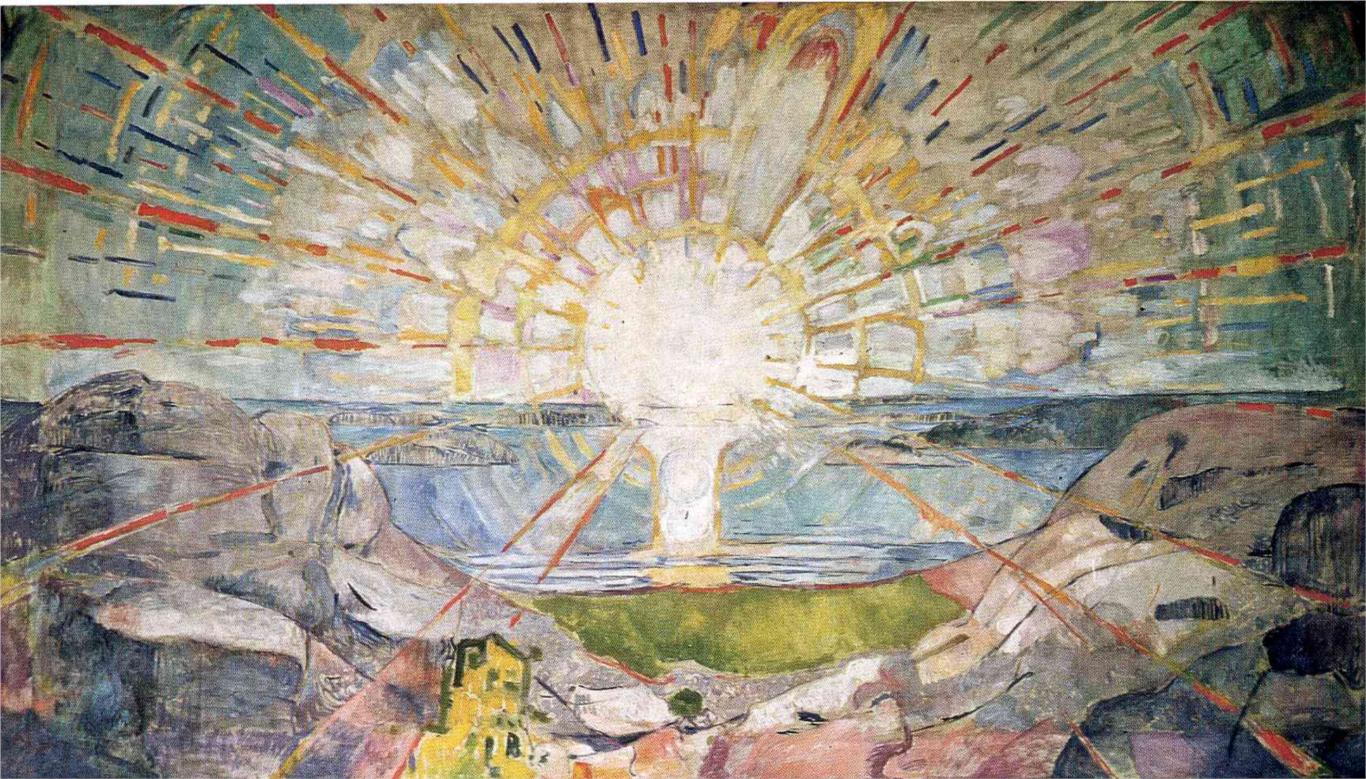 An abstract depiction of the sun with its rays radiating across the landscape