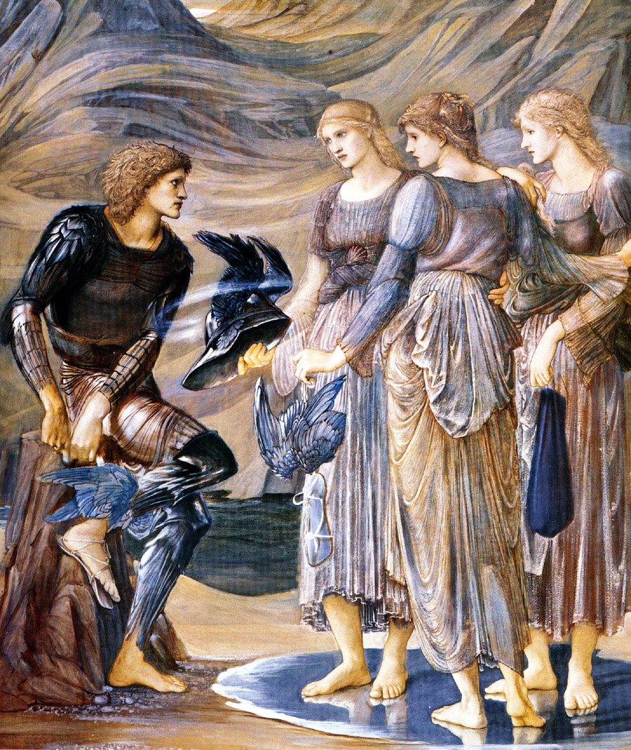 A man removing his footwear before three women who hold the rest of his armour in a desert-like landscape