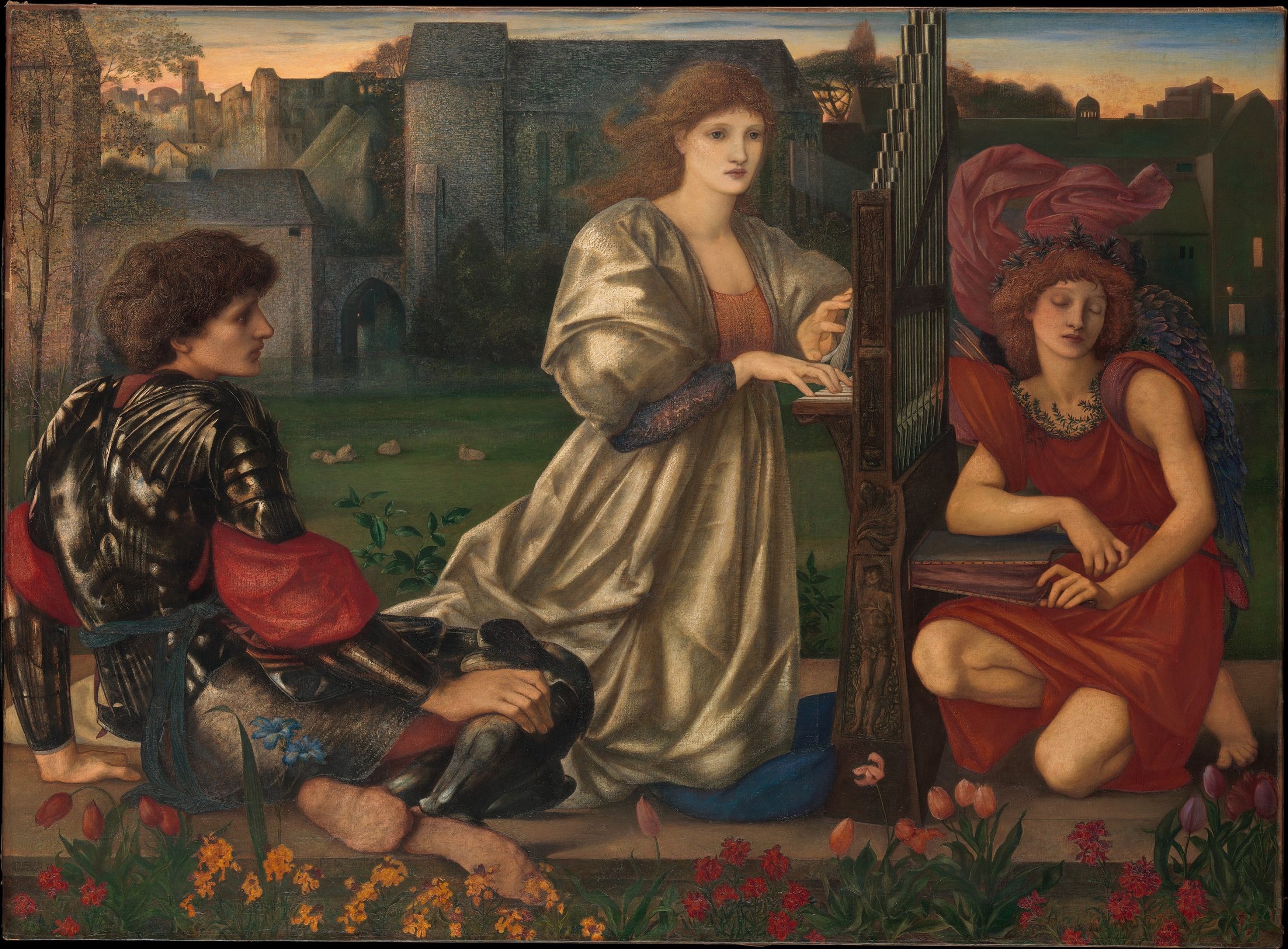A woman playing an instrument with two listeners at her side in a garden