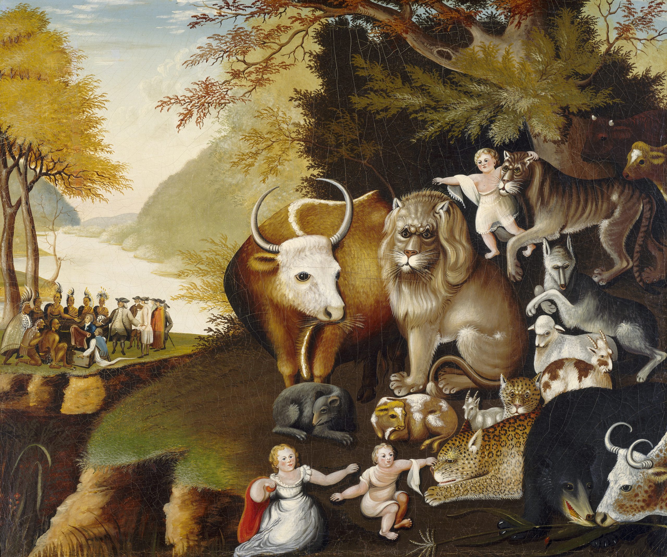 A cluster of wild animals in the foreground with two groups of humans settling an agreement in the background in a forest