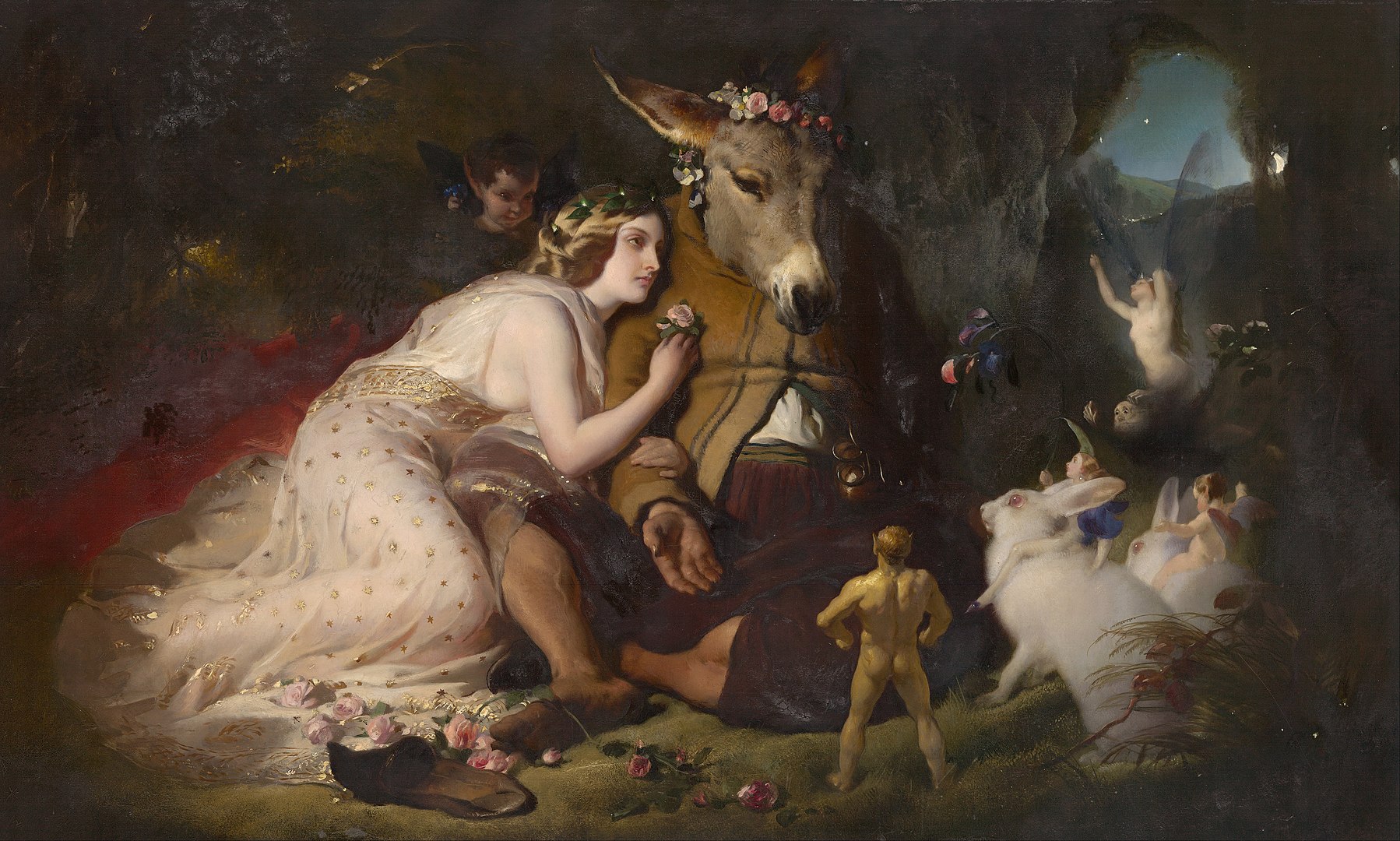 A young woman holds a flower as she sits and leans against an animal who is half man half donkey while surrounded by bunnies and whimsical creatures.