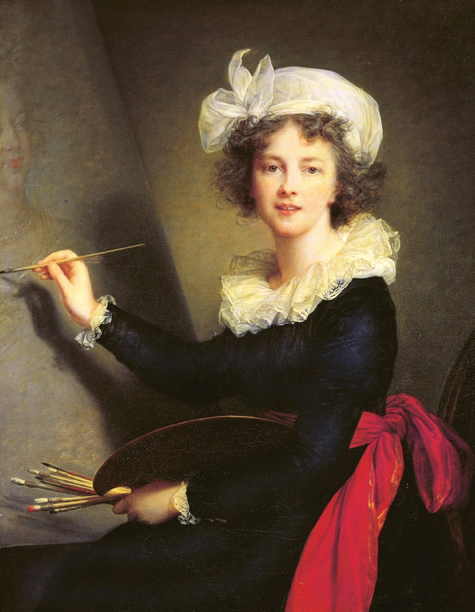 A portrait of a woman painting before an easel looking back at the viewer