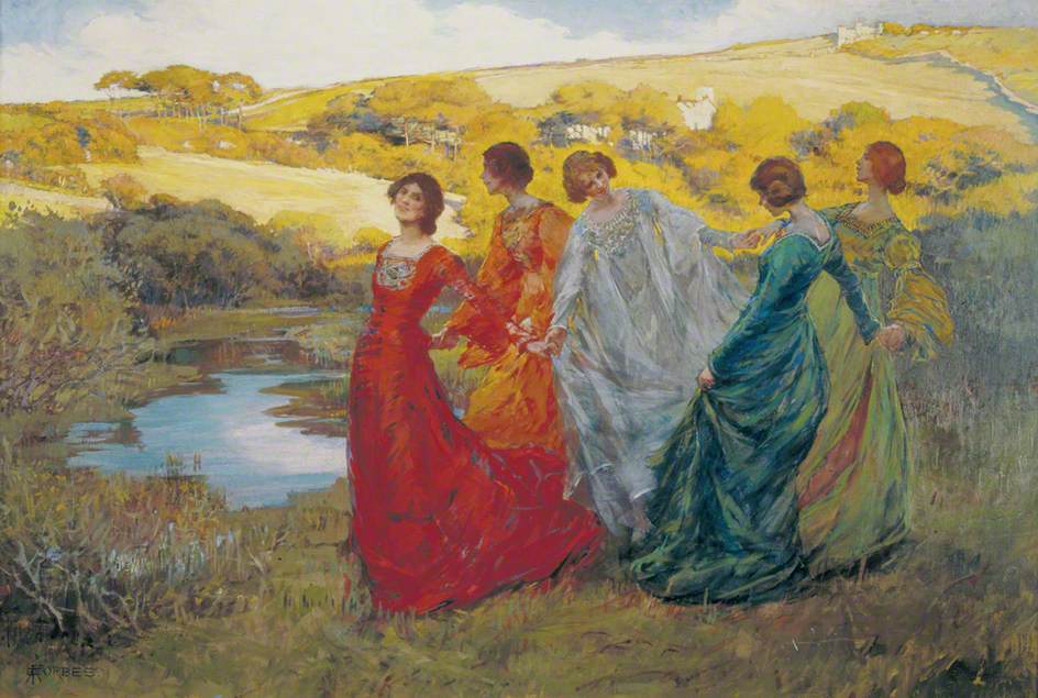 A group of five women dancing hand-in-hand in a sunny meadow