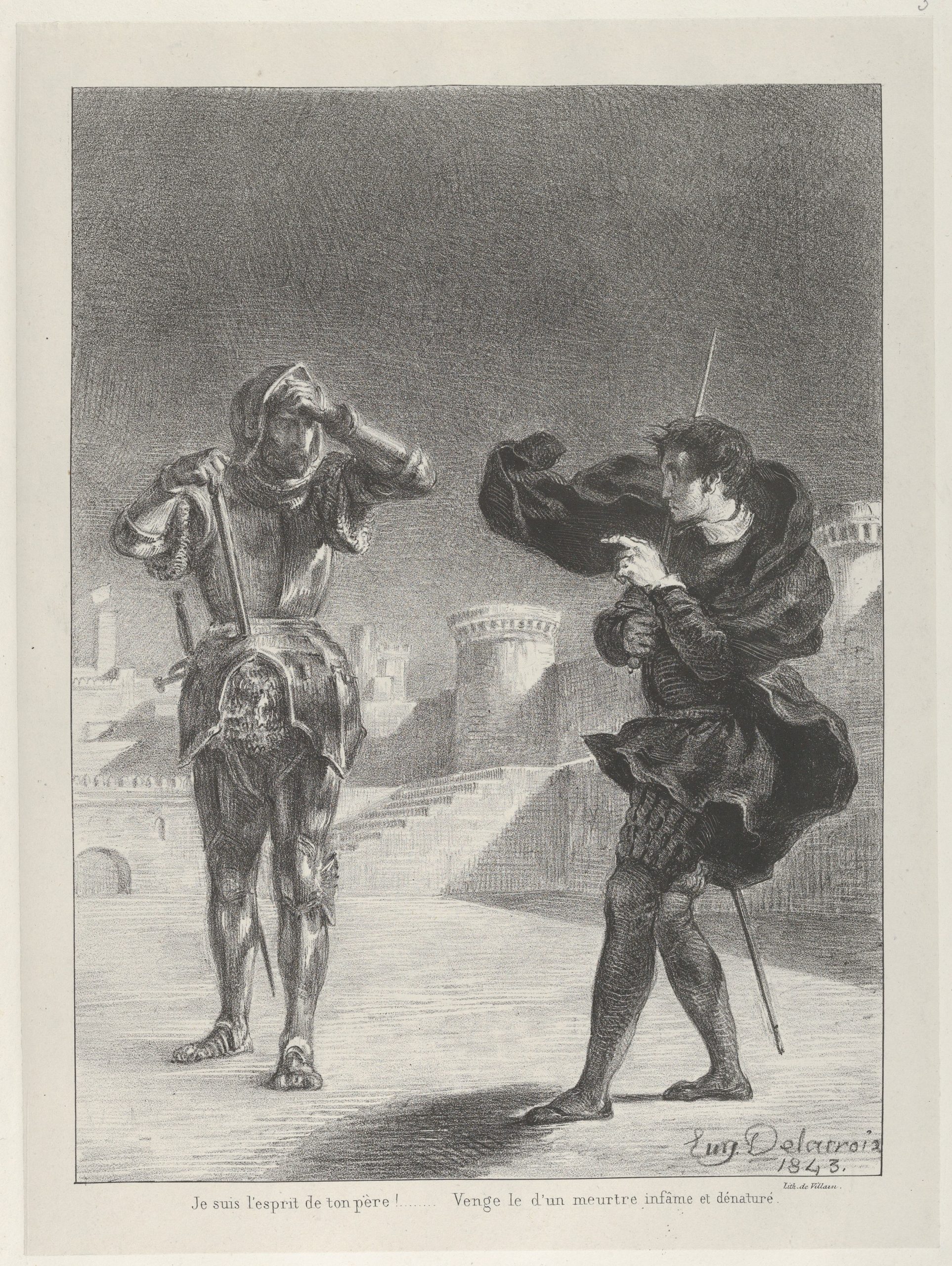 Two men dressed in armour stand facing each other in conversation beneath the sun's shadows.