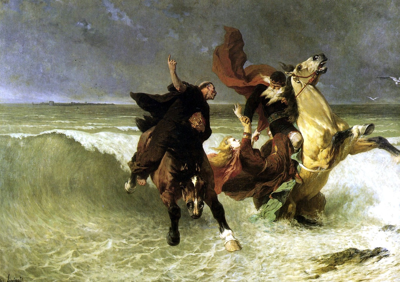 A young woman falling from a horse’s back as another attempts to pull her up as the horse jerks awkwardly on the seashore