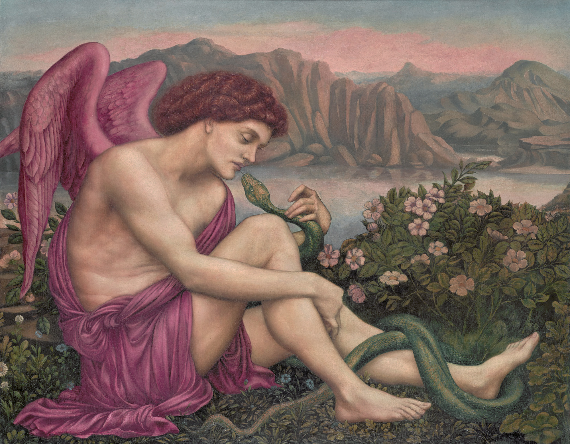 A seated angel with his face close to that of a snake in a mythical landscape