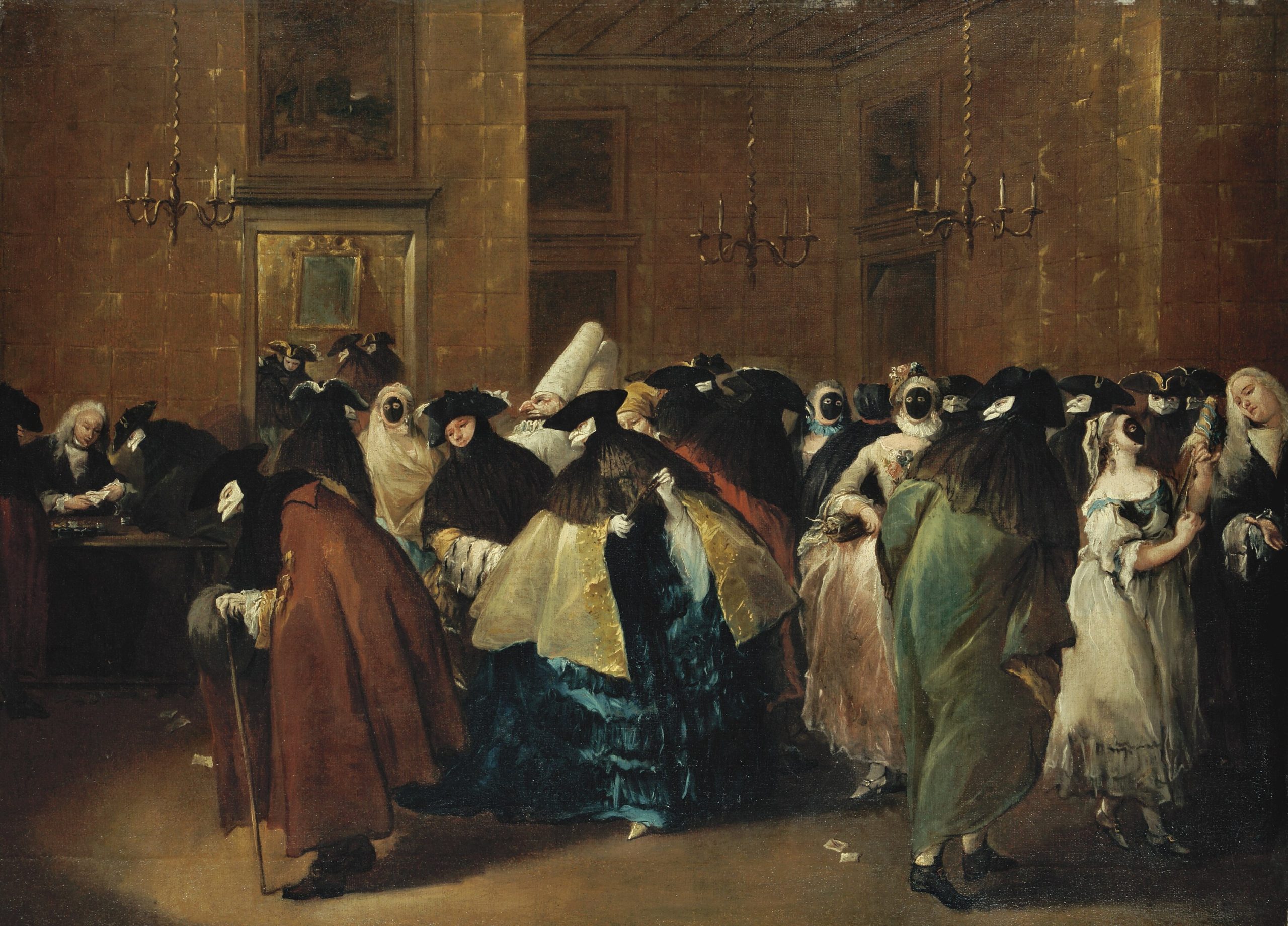 A crowd of people wearing masks in a ballroom talking amongst one another