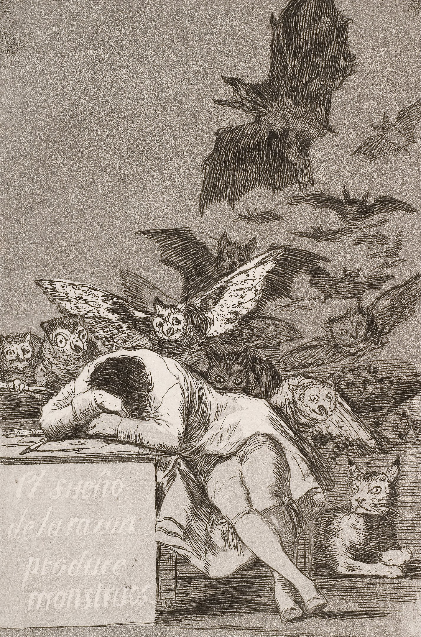 A figure burying his head in his arms with owls and bats flying behind him