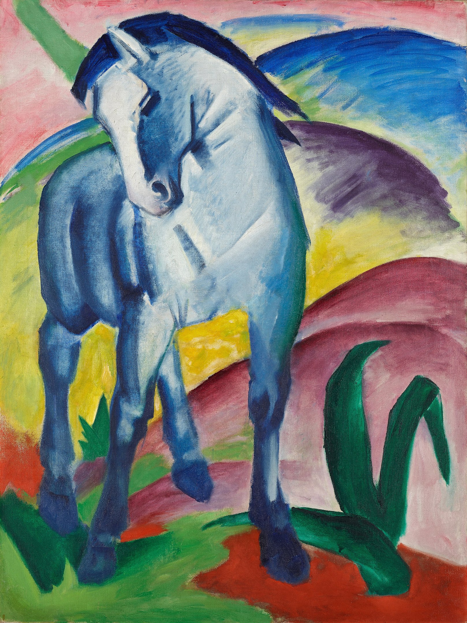 A blue horse in a colourful landscape