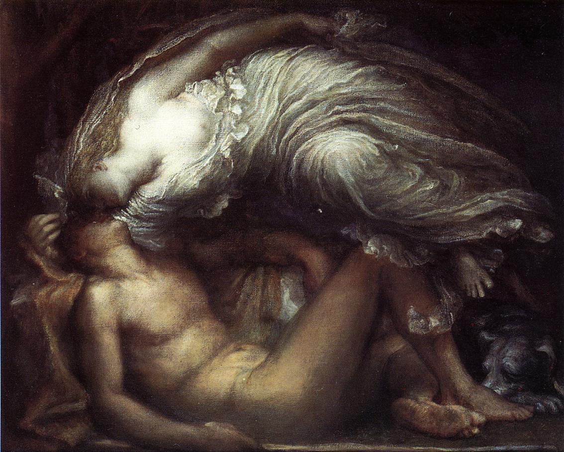A ghost-like woman floats over a sleeping nude man and leans her face close to his
