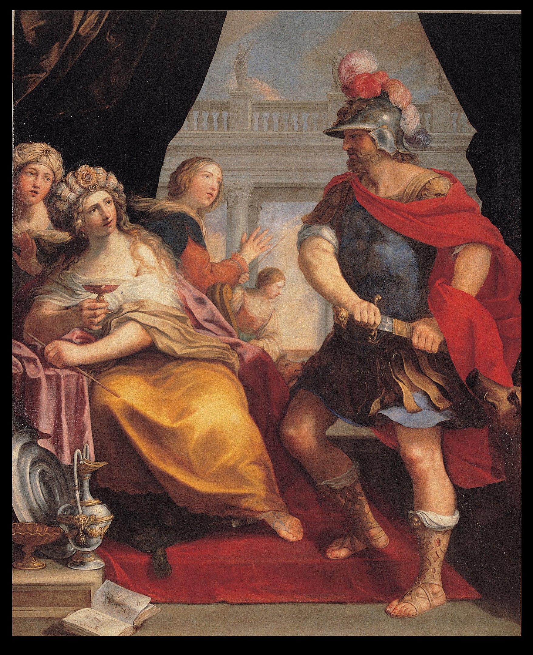 A man unsheathing his sword before a seated woman holding a glass of wine as other figures behind her take fright